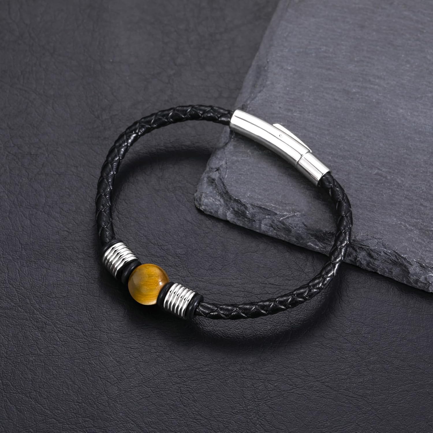 TRUMIUM Beaded Bracelets for Men Women Natural 10mm Tiger Eyes Mens Leather Bracelet Gemstone Jewelry for Him 7.5/8.3/9 Inch Length - Image 2