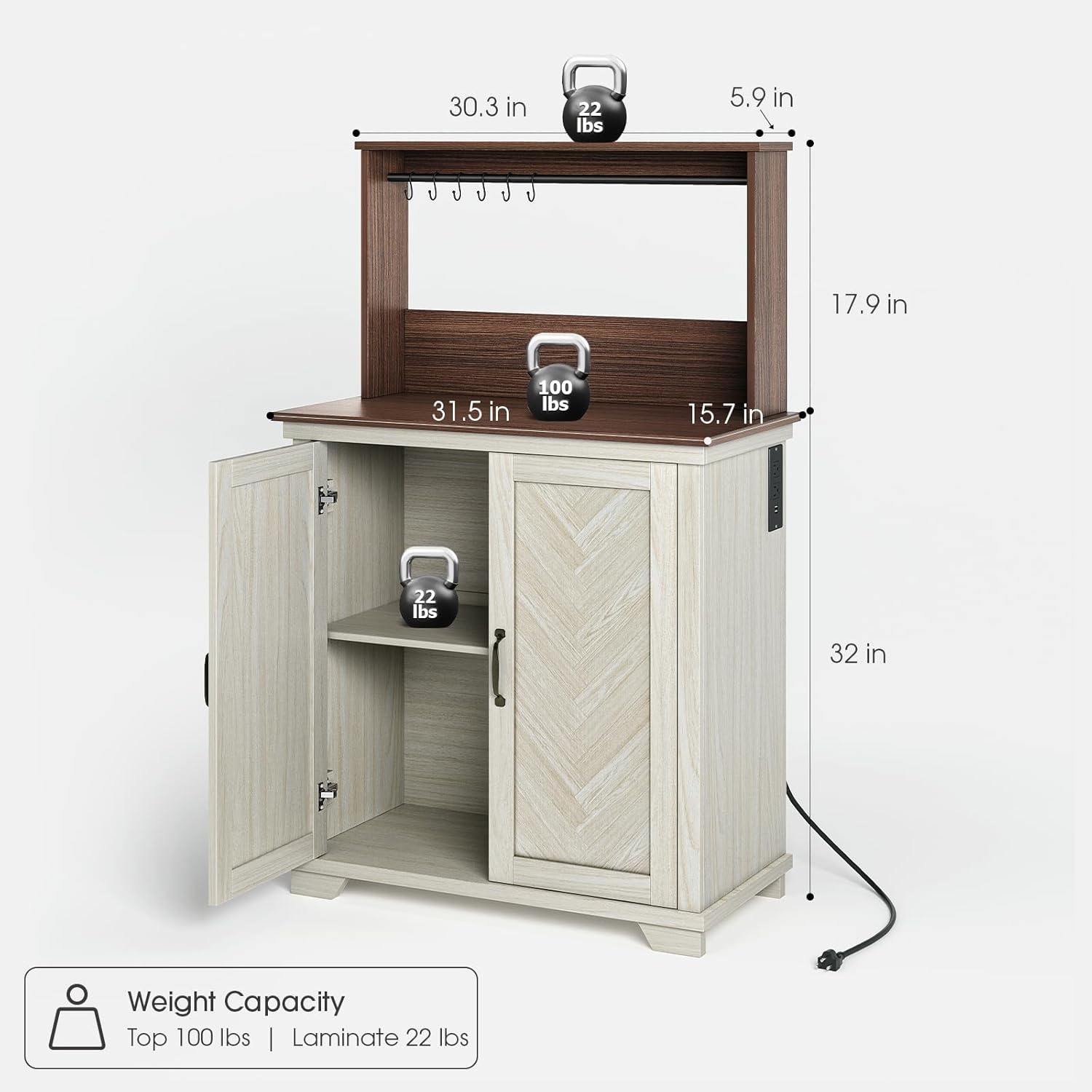 Farmhouse Coffee Bar Cabinet with Charging Station, 31.5" Kitchen Coffee Station, Coffee Bar Table with Storage, Adjustable Shelf and 6 Hooks, Buffet Cabinet for Living Room, Dining Room, White