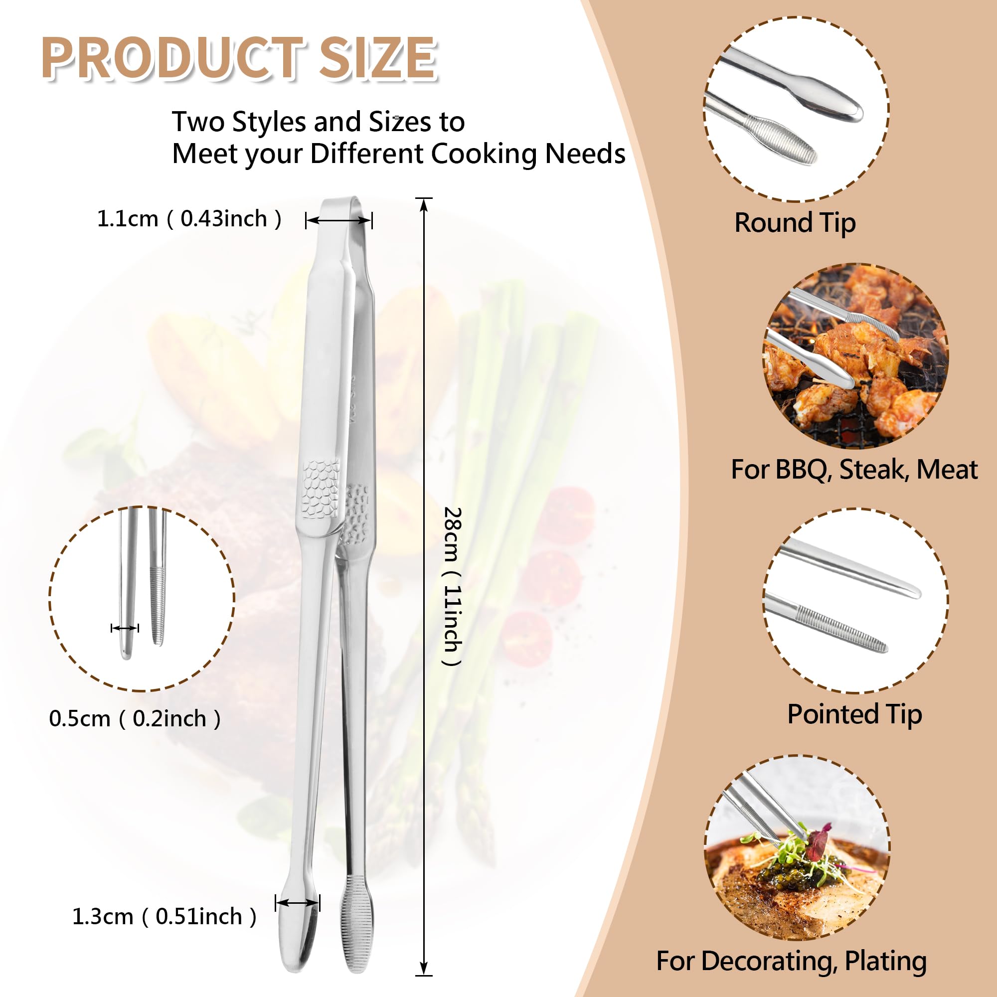Set Di 2 Pinze Da Cucina Professionali In Acciaio Inox 18/8 – 28 E 27 Cm – Testa Dritta E Punta Rotonda – Antiruggine, Lavastoviglie – Per Griglia, Insalata, Frittura