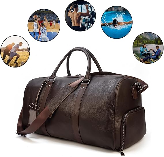 Genuine Leather Travel Duffel Bags for Men and Women Leather Overnight Weekend Bags Sports Gym Duffle, 9423 Brown