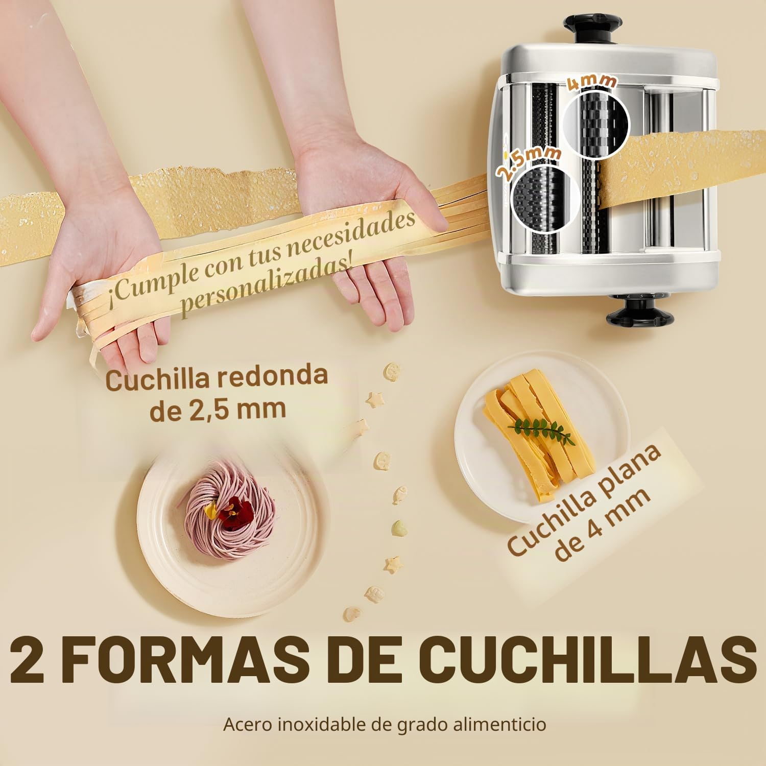 CGOLDENWALL Máquina de Pasta Eléctrica Fresca, Motor de 135W con 2 Cuchillas (2.5 mm/4 mm) y 9 Grosores Ajustables de 0.5-5 mm, Protectora de ABS, Acero Inoxidable para Hacer Espaguetis