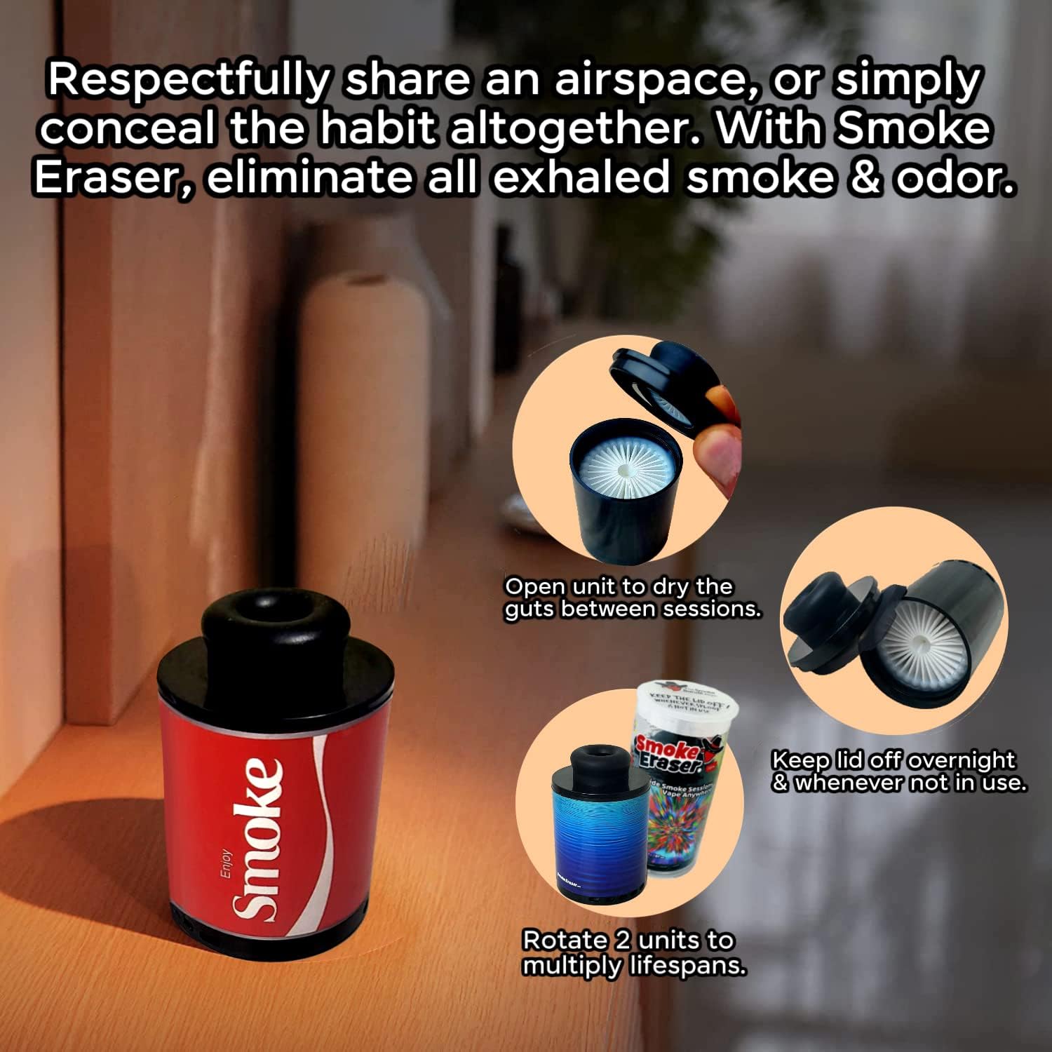 Smoke Eraser V5 | Personal Air Purifier Filter with 1000+ Uses | Eliminates Odor & Protects from 2nd Hand Smoke Buddy Roommate Family etc. | 4x Lifespan Via Advanced HEPA Filter & Prefilter