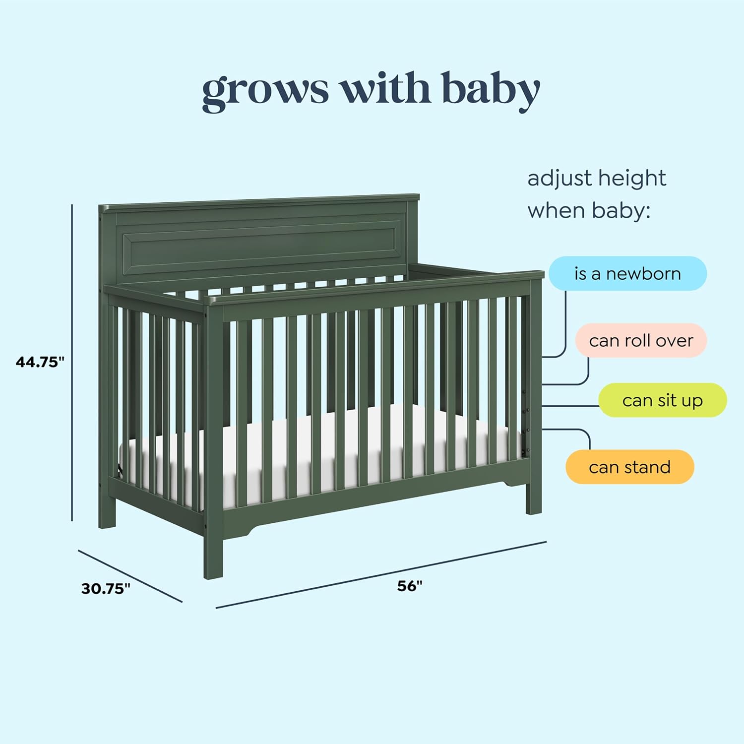 Davinci Autumn 4-in-1 Baby Crib Convertible to Toddler Bed, Daybed, Full-Size Bed - Easy Assembly - GREENGUARD Certified - 4 Adjustable Mattress Heights - Conversion Kit Sold Separately, Forest Green