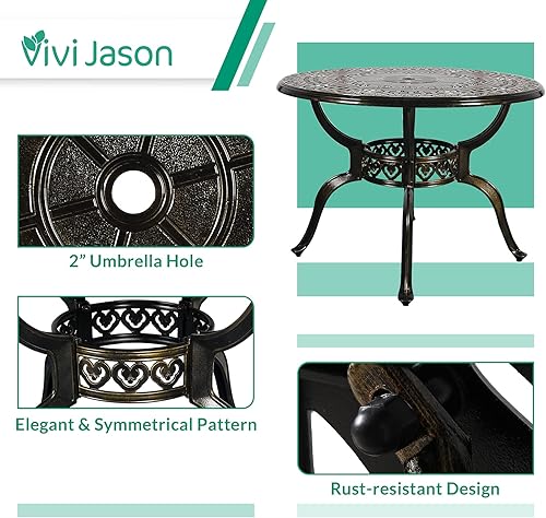 Miniatura 4 de VIVIJASON Mesa de bistró de patio de 38.5 pulgadas, mesa redonda de comedor al aire libre, mesa de aluminio fundido de bronce con agujero para