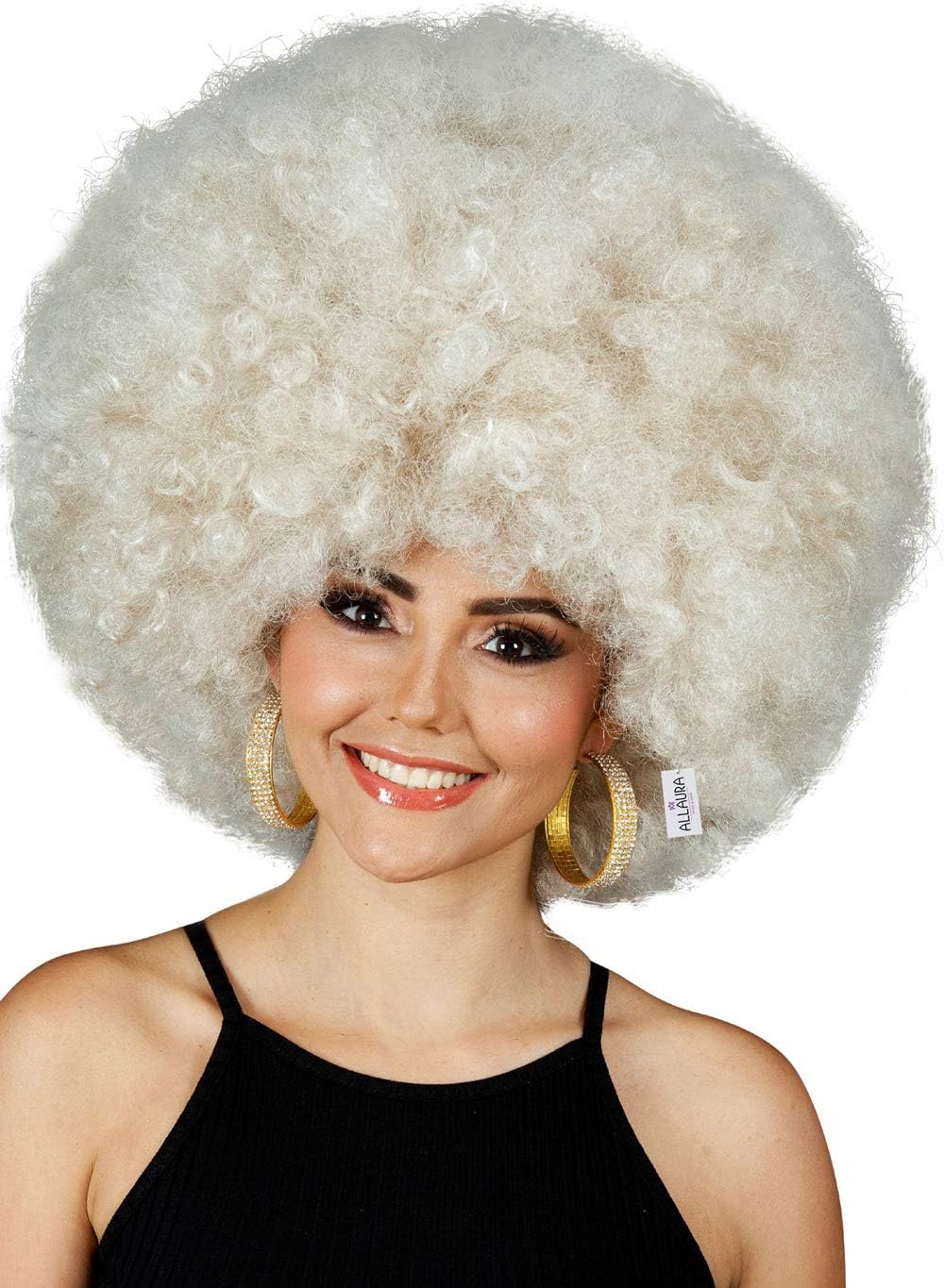 ALLAURA Compatible with 70s Disco Costume – Deluxe Blonde Afro Wig for Women & Men – Huge Curly Wig for 1970s Outfits, Funky Party Looks, Retro Theme Events, Halloween, Dance Floor Accessories