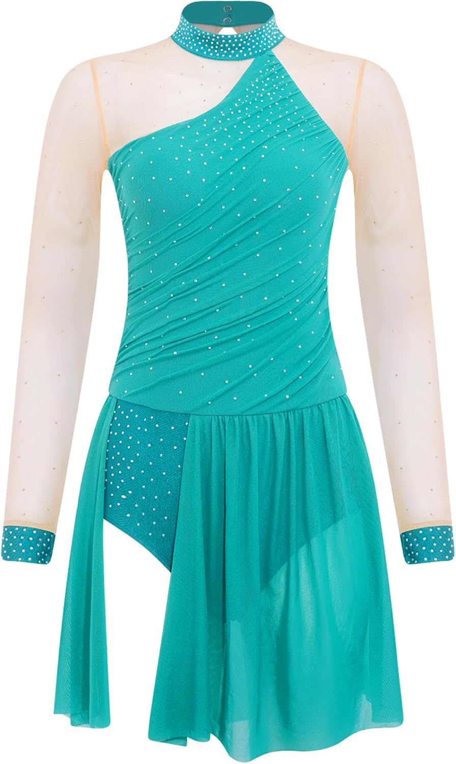 Women's Rhinestone Lyrical Dance Dress Figure Skating Dress Mesh Patchwork Tulle Skirt Leotard
