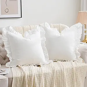 2 Pack Ruffle Throw Pillow Covers Farmhouse Off White Shabby Washed Cotton Decorative Pillow Shams for Bed, Sofa, Living Room-20"x20" White