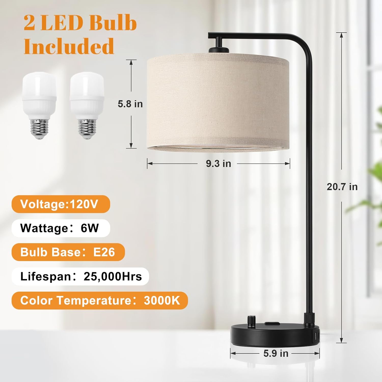 Innqoo Bedside Table Lamps for Bedroom Set of 2-Dimmable Nightstand Lamps with USB Port and Outlet,Modern Black Lamps with Linen Shade,Tall Desk Lamps for Home Office Bedroom Living Room End Table