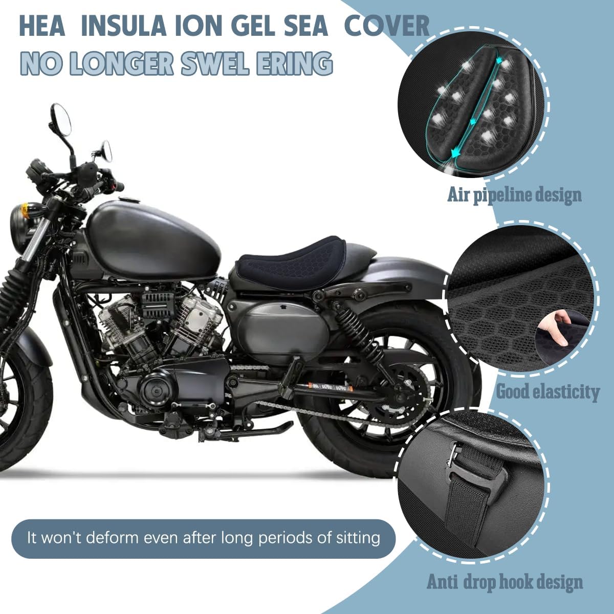 Shake Rider Cushion - Motorcycle Gel Seat Pad, 3D-Honeycomb, Shock Absorption Not Stuffy, Protecting Sensitive Areas, Relief No More Tailbone Soreness, Ride 3X Longer, Discomfort on Long Rides (2Pcs)