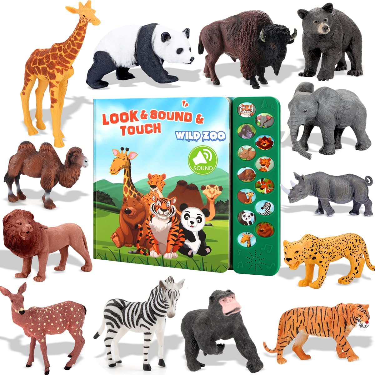 Tudoccy Safari Animals Figures Toys with Sound Book,Zoo Animal for Kids