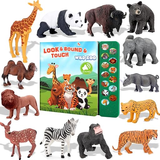 Tudoccy Safari Animals Figures Toys - 13 Realistic Wild Plastic Animal Figurines & Kids Sound Book - Educational Learning Toys Gift for 3 Years Old & Up Boys Girls Toddlers