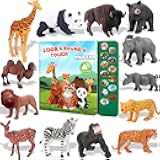 Tudoccy Safari Animals Figures Toys - 13 Realistic Wild Plastic Animal Figurines & Kids Sound Book - Educational Learning Toys Gift for 3 Years Old & Up Boys Girls Toddlers