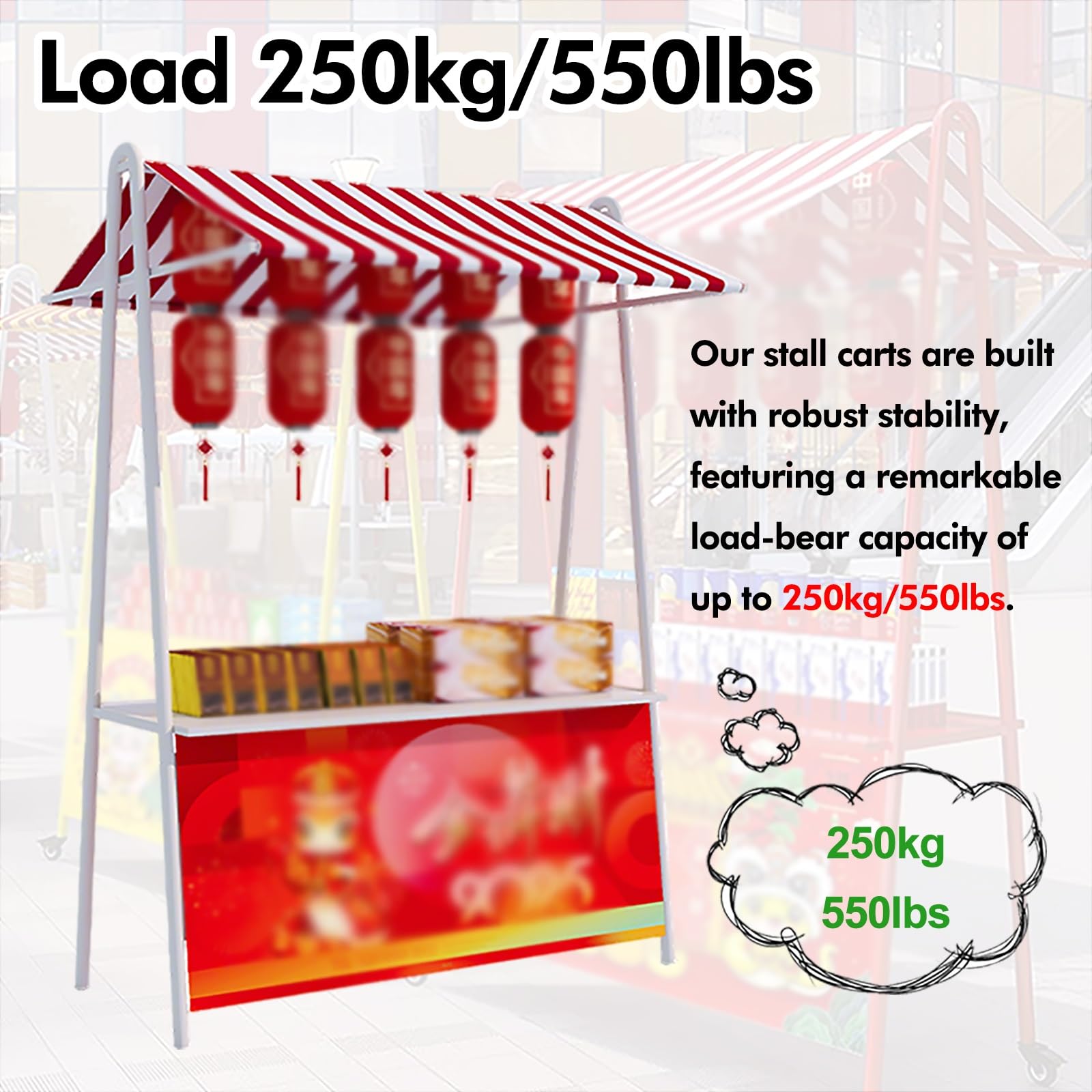 Generico Carrello per bancarelle Portatile per Vendite all'aperto, Food Truck, bancarella di Hot Dog/Gelato/Fiori, Stand espositivo per mercati agricoli, Attrezzatura per venditori del Mercato nottur