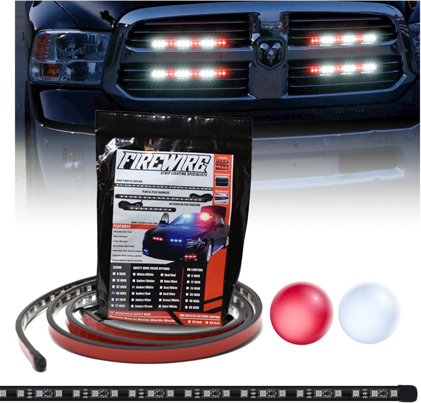 Firewire LEDs Emergency Strobe Lights for Trucks | 15" Red White Safety Vehicle Lighting Front Grille Kit with Strobe Controller | 15" Inch Red/White Strobe Light | Firewireleds
