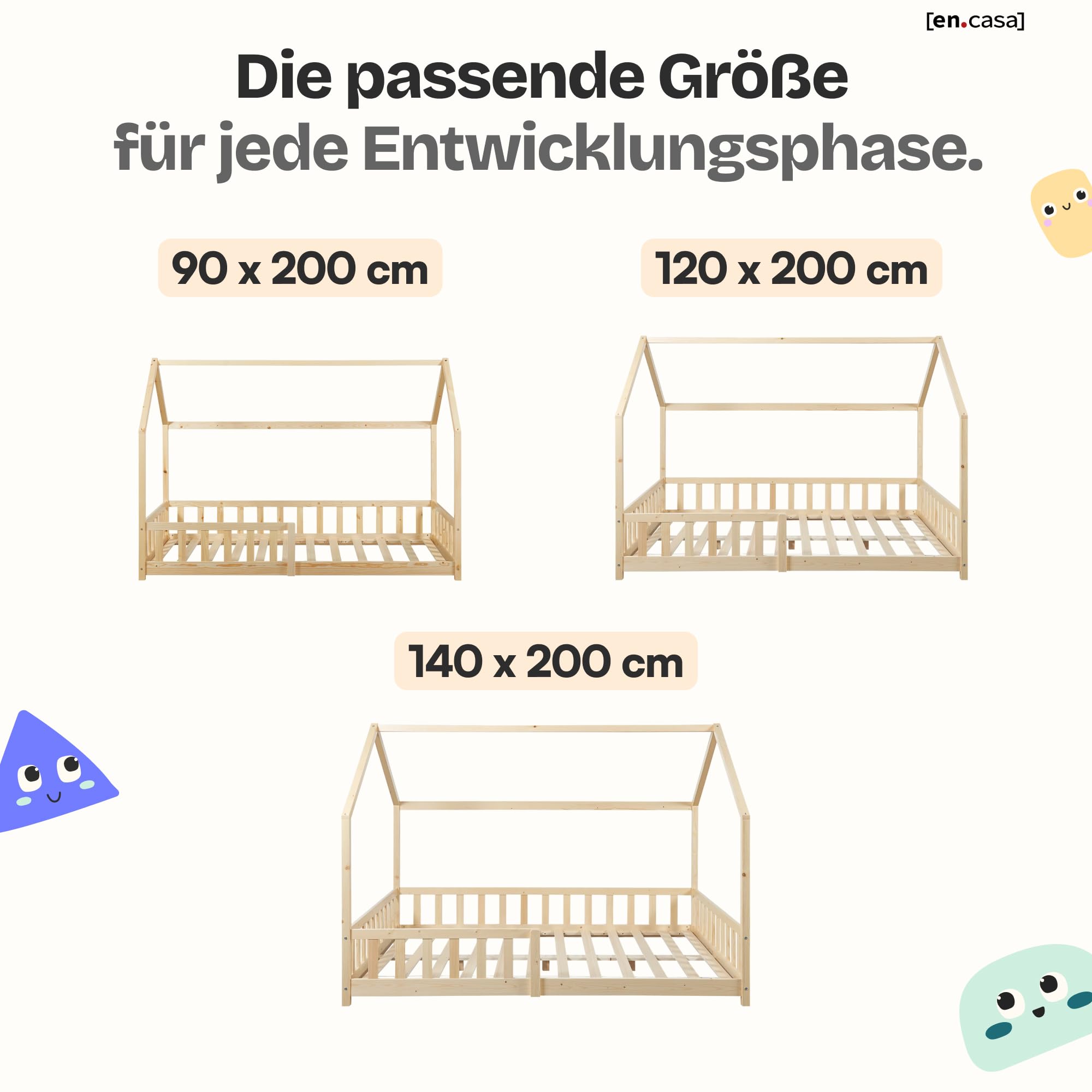 [en.casa] Kinderbett Hesel Hausbett Holzoptik 140 x 200 cm mit Rausfallschutz und Lattenrost Montessori Bodenbett Jugendbett Holzbett