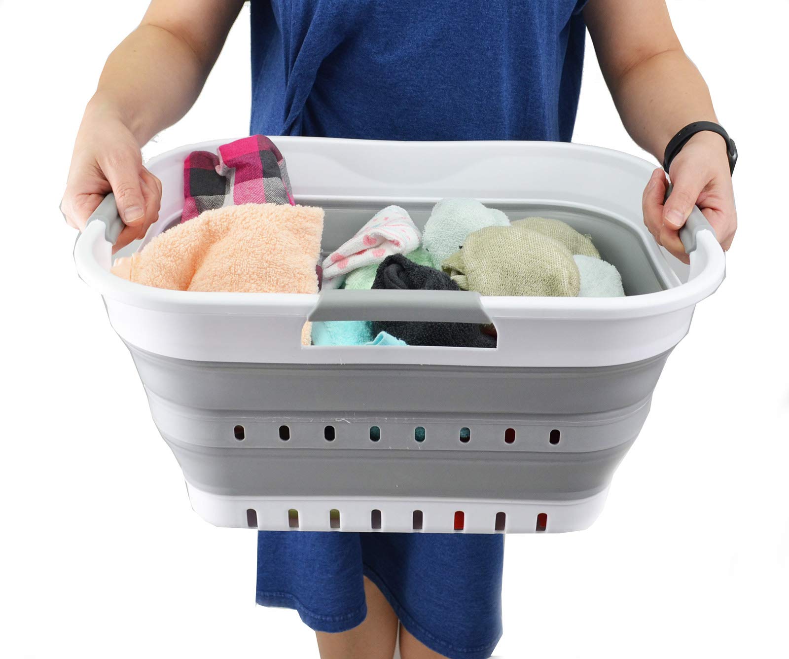 SAMMART Cestino pieghevole in plastica con 3 manici, 19 l, super mini, pieghevole, salvaspazio, colore: bianco/grigio
