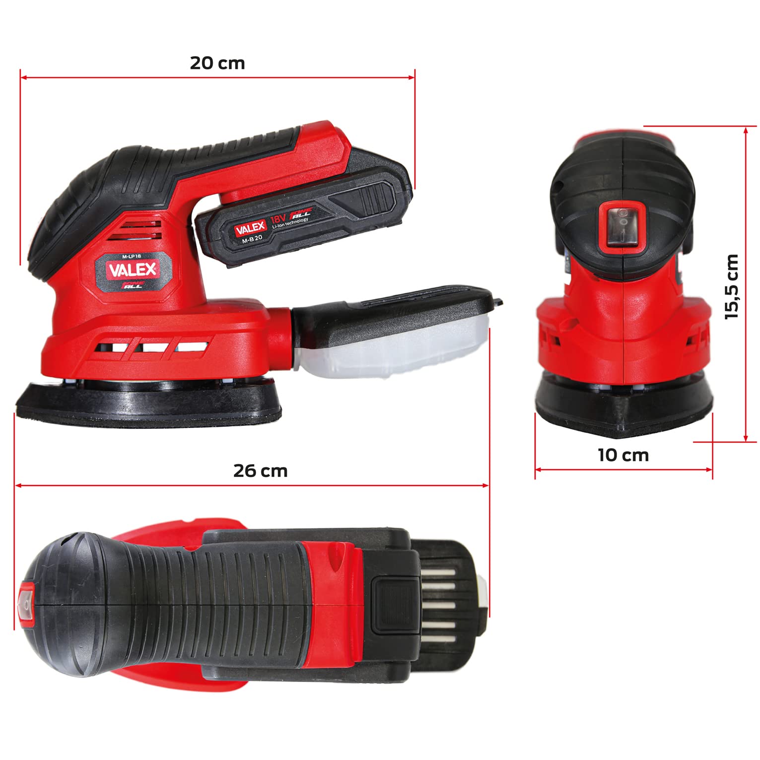 Valex M-LP18 Levigatrice Palmare a Batteria OneAll 18V in Kit con Batteria 2Ah e Caricabatterie 1,7A, 6 Fogli Abrasivi inclusi.