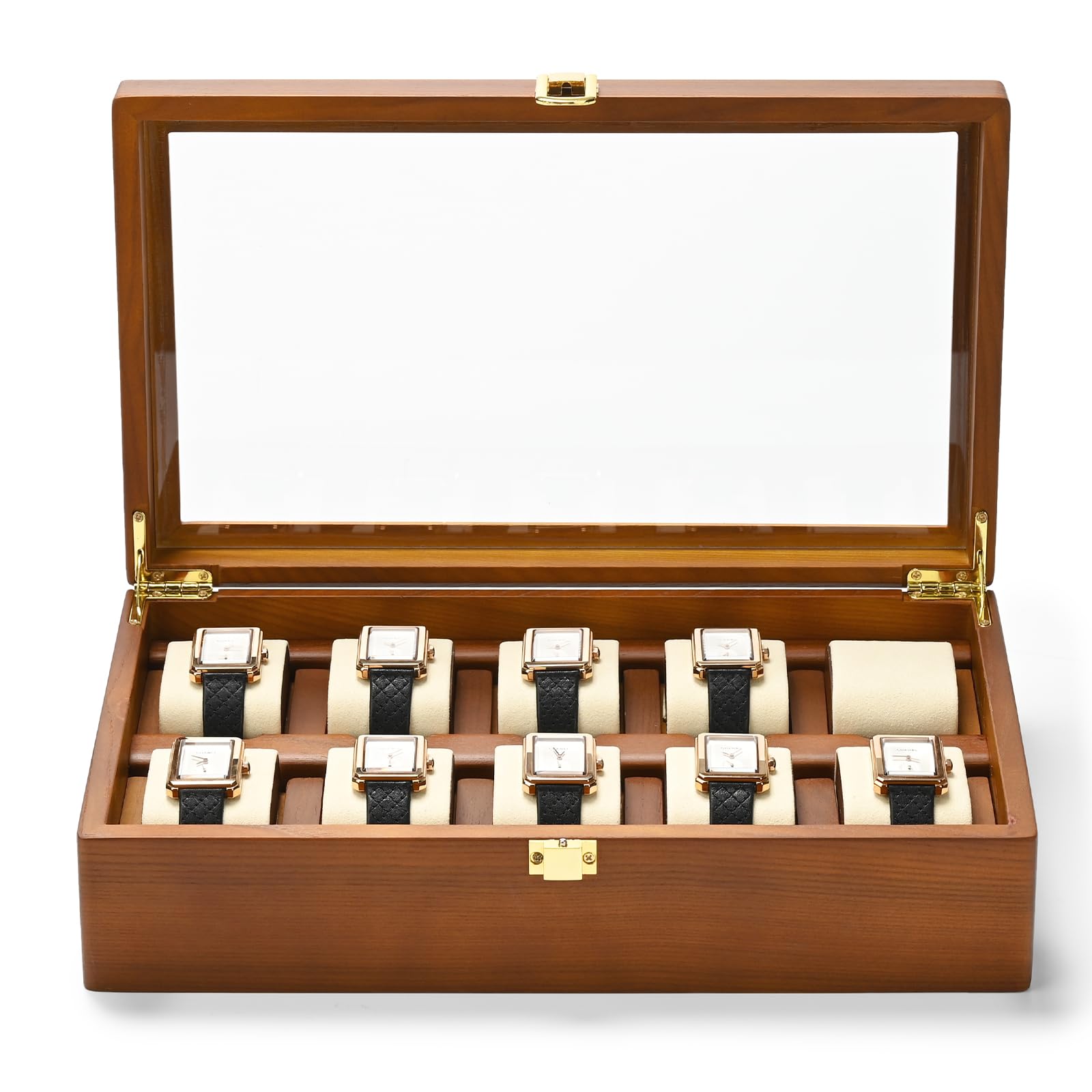 Oirlv Boîte De Montre En Bois Massif Organisateur Avec Couvercle 10 Montres De Stockage Boîte De Montre Avec Coussin Amovible,Rangement Montres(Blanc Crème)