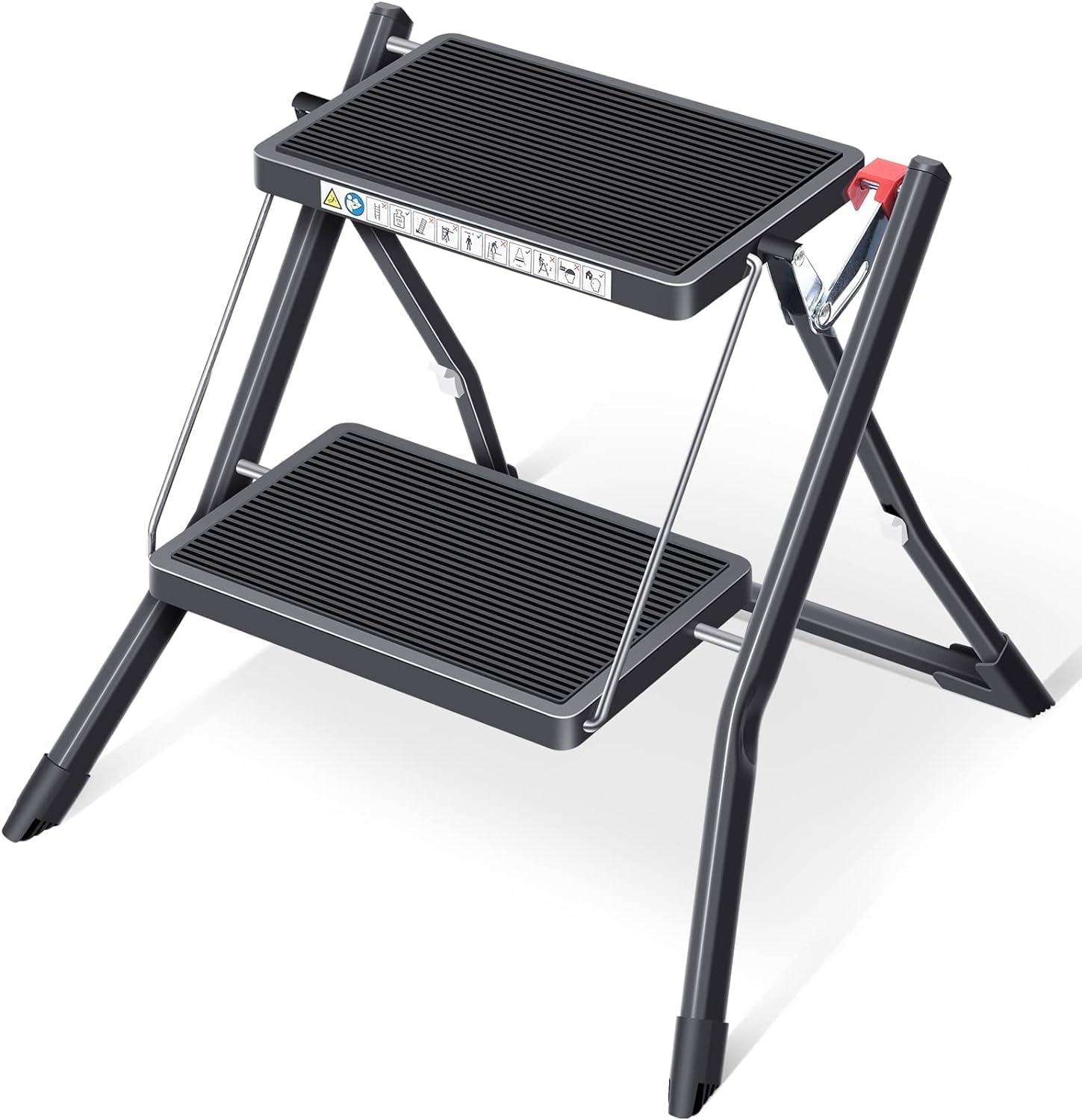 TIENDA EURASIA - 2 Step Ladder | Folding Ladder with Non-Slip Surface | Resistance up to 150 kg | Aluminium Folding Ladders | Size 49.50 x 48.50 x 44.50 (Black)