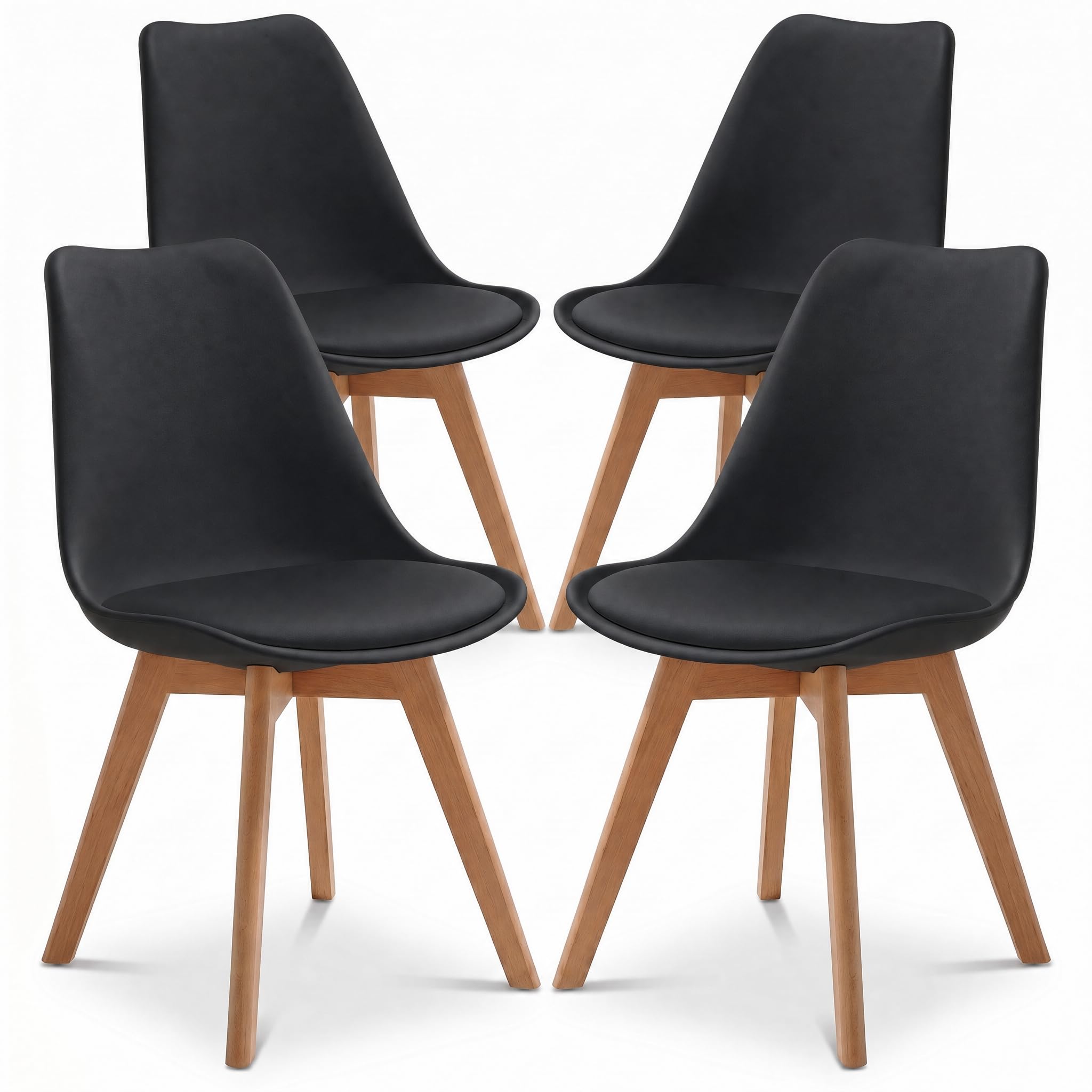 Bravich Set Of 4 Rocco Dining Chairs- Black. Faux Leather Upholstered Dining Chair With Natural Wooden Legs, Cushion Pad Seat & Back Support For Kitchen Table- 42 x 42 x 81cm.