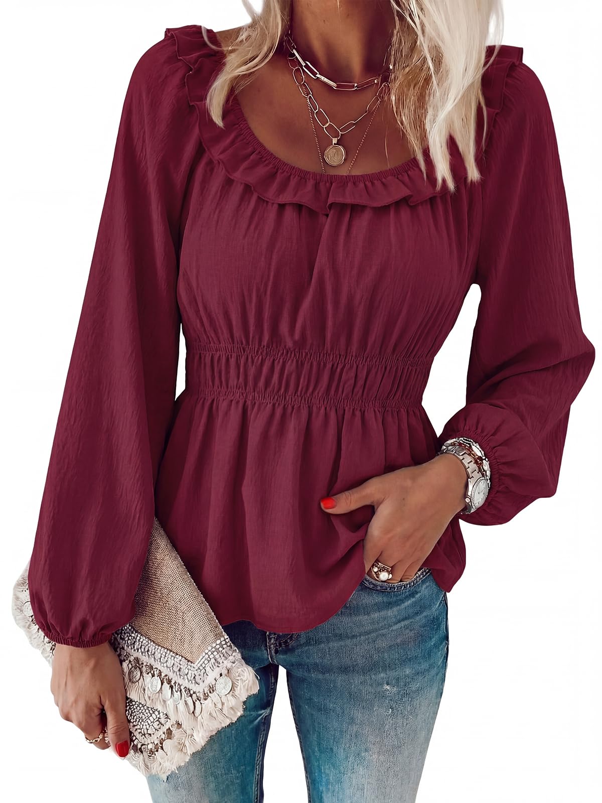 Photo 1 of Womens  Long Sleeve Babydoll Tops Square Neck Ruffle Peplum Blouse Smocked Loose Fit Tunic Top Dressy Tee Shirts Wine size m