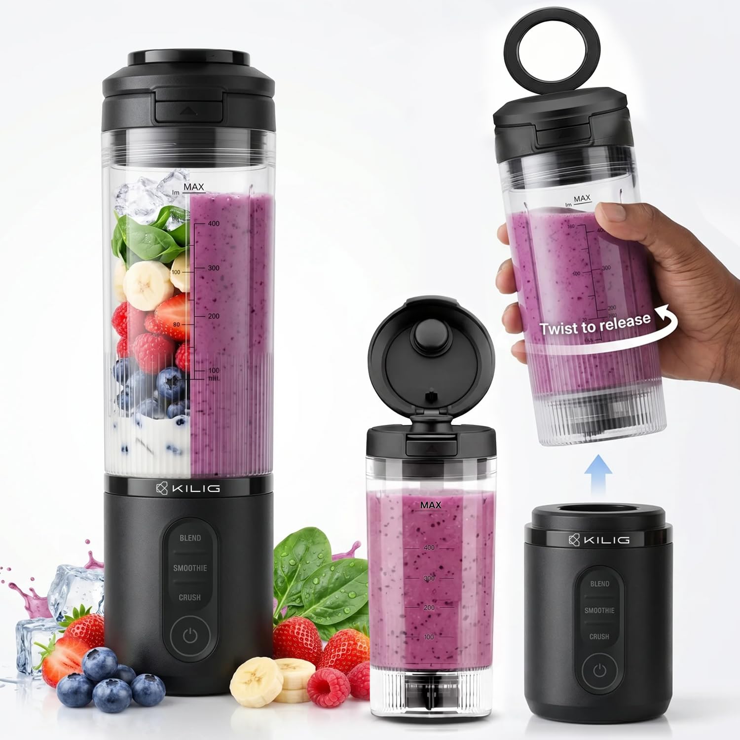 Kilig Vortex Blitz Portable Blender, Sip-Ready Jar Design, 470ml BPA-Free, USB-C Rechargeable, 3 Modes (Blend, Smoothie, Crush), 6 Blade system