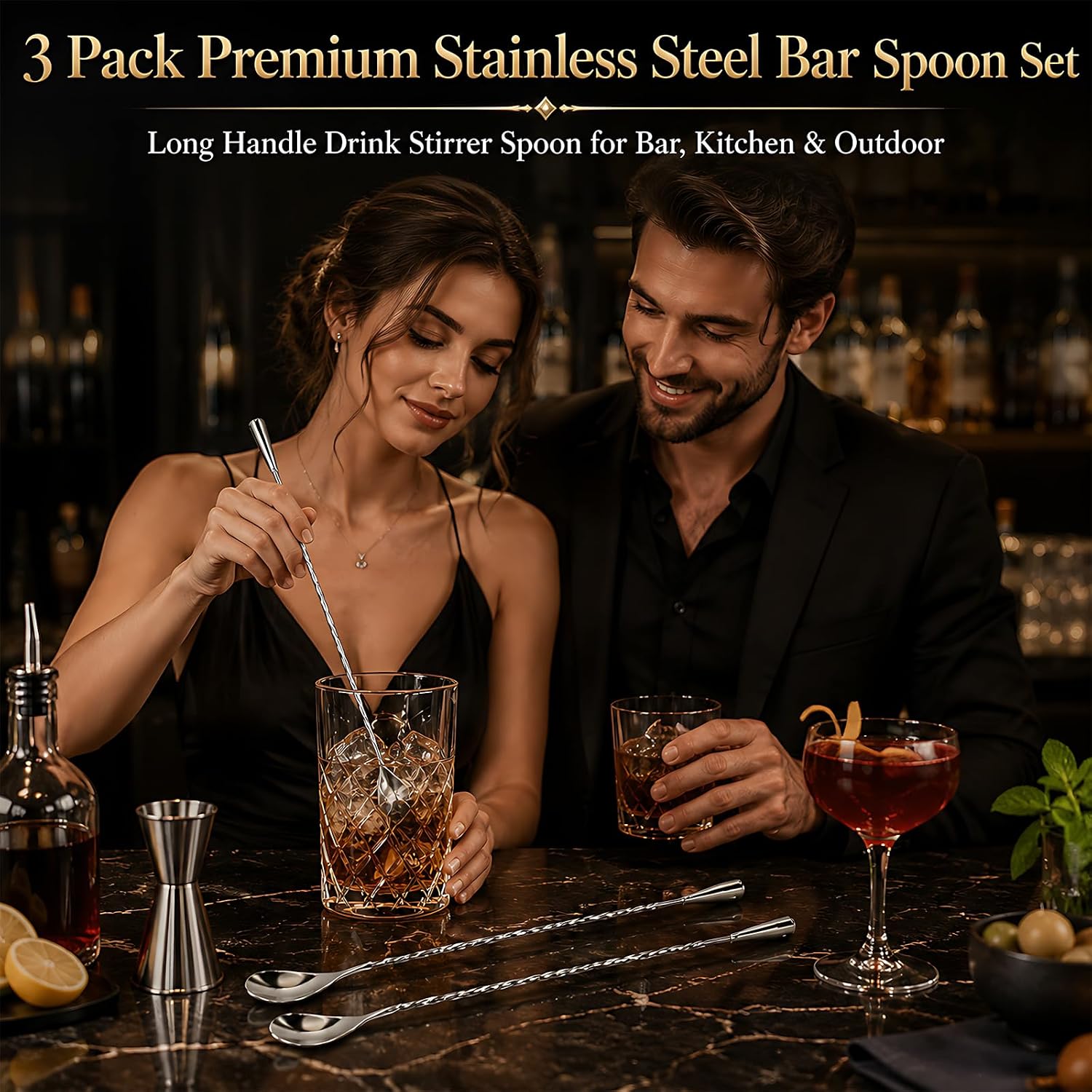 3Pcs 12 Inch Stainless Steel Bar Spoon, Polished Ergonomic Stirring Design for Smooth Beverage Blending, Twist-Handle Long Spoon Cocktail Mixing for Precision Long Handle Stirring