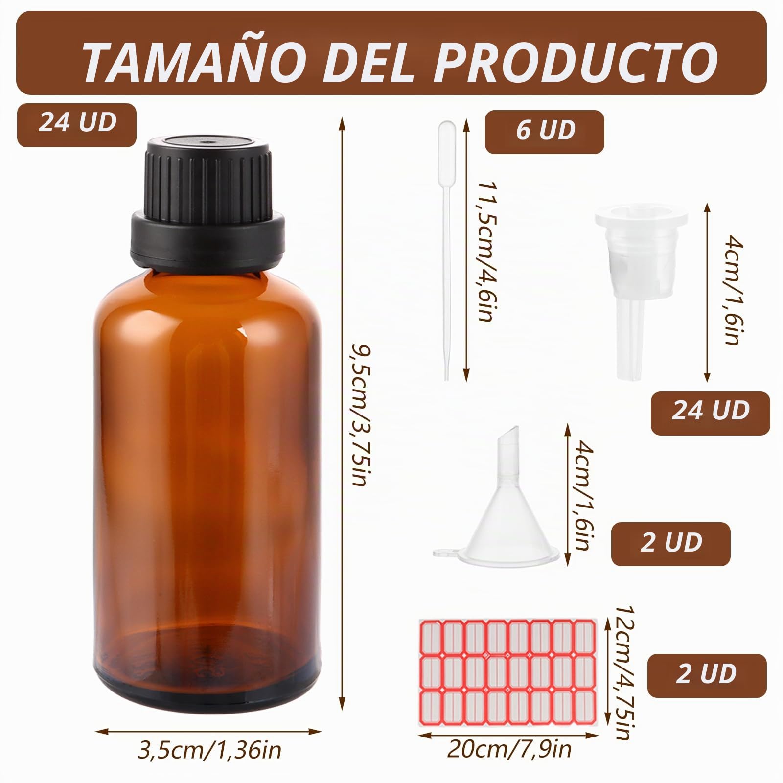 APACALI 24 botellas de cristal marrón, 50 ml, botella cuentagotas de cristal, botella de cristal ámbar, botella de farmacia, incluye pequeñas botellas de cristal, cuentagotas, tapón, embudo, jeringa