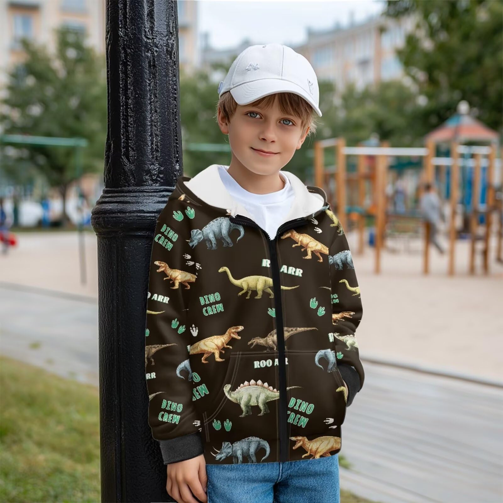 Xoenoiee Dziecięce bluzy z kapturem dla chłopców, zapinana na zamek, bluza 3D, fajna grafika zwierzęca, sweter z długim rękawem, top na jesień i zimę, Czarne dinozaury, 6-8 Years