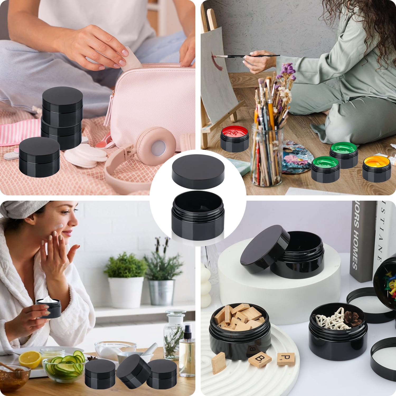 95 Pack 3.5 oz Black Plastic Jars with Lids and Foam Pad, 3.5 oz Plastic Containers with Black Lids for Cosmetics, Ointments, Lotions Face Cream, Kitchen Ingredients, sequins