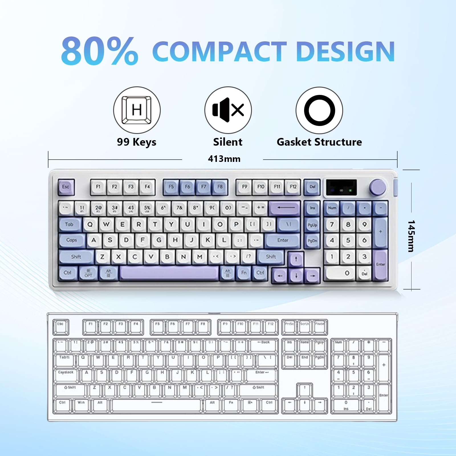 flintronic L98 Klawiatura Gasket, 80% klawiatura do gier USB-C, klawiatura mechaniczna 2,4 GHz z 8 modami RGB, bezprzewodowa klawiatura z pokrętłem głośności/Rollover z 26 klawiszami/kabel 1,5 m USB-C