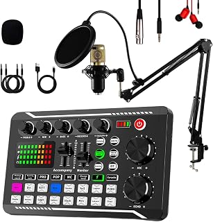 Podcast Mikrofon Bündeln, komplettes F998 Live Sound Card mit BM800 Kondensator-Mikrofon Professionelle Podcast Equipment Bundle DJ Mixer Effekten für Live Streaming, Gaming, YouTube, TikTok