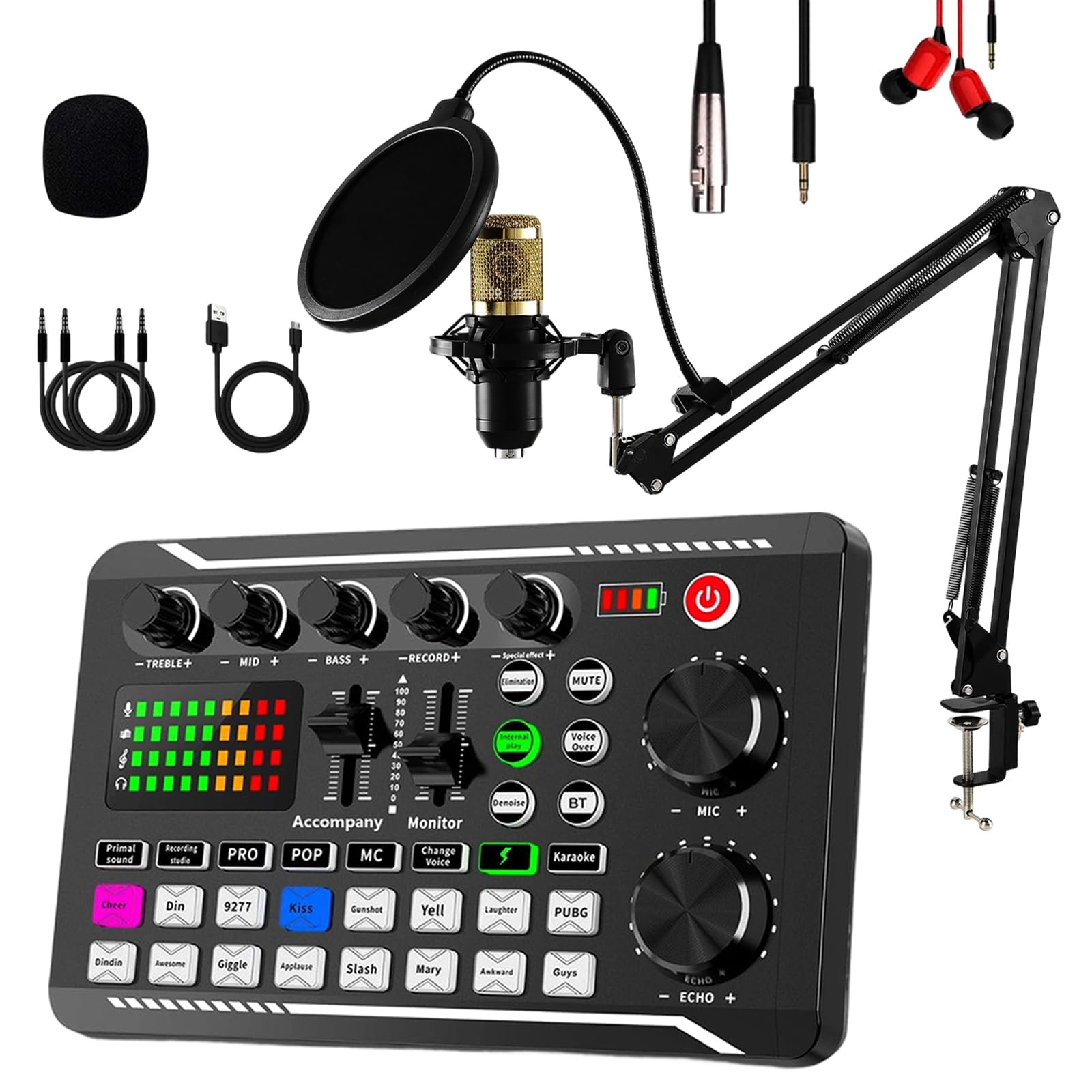 Set microfono Podcast, studio di registrazione completo con microfono | F998 Live Sound Card con microfono a condensatore BM800 DJ Mixer effetti per live streaming, gaming, YouTube, TikTok