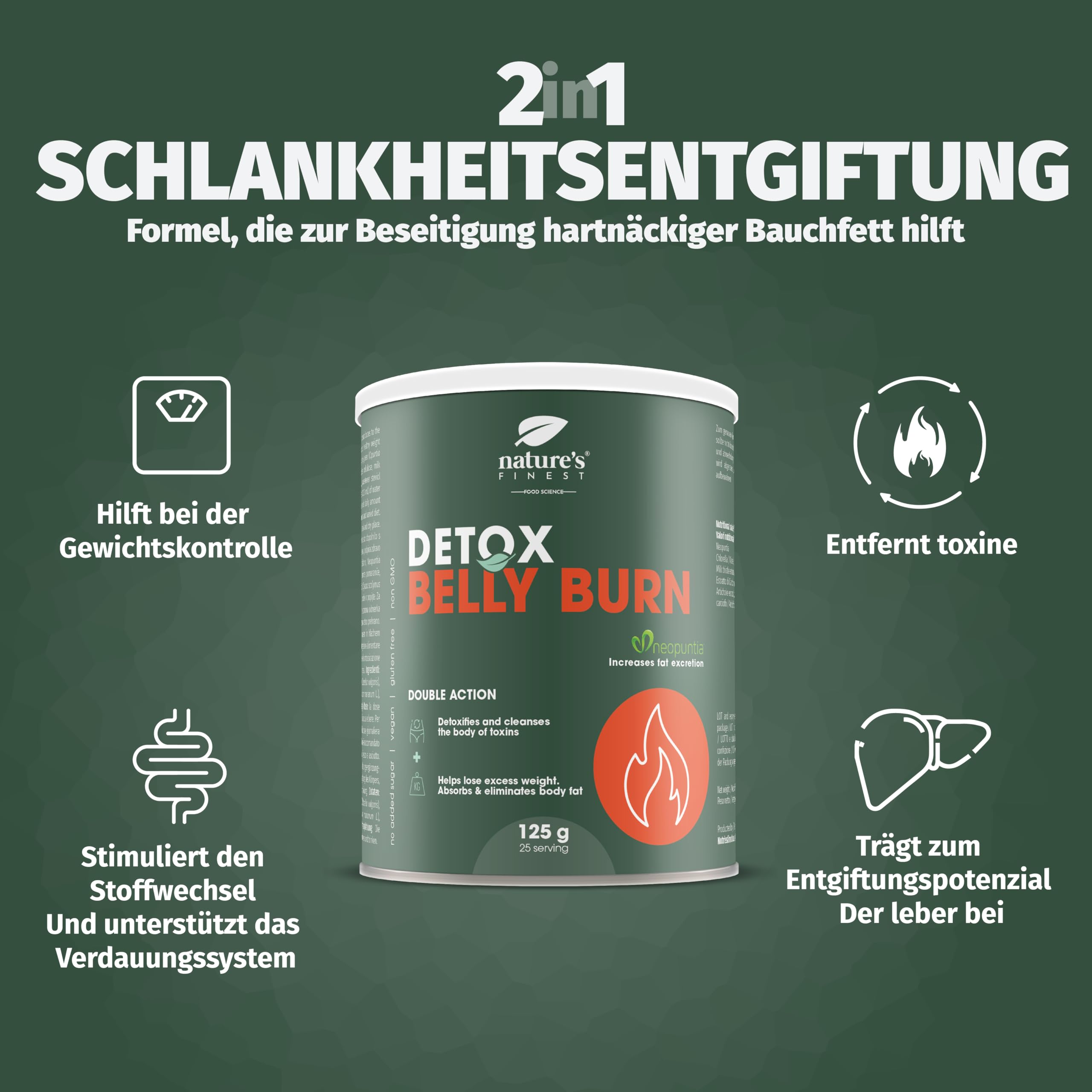Nature's Finest Detox Belly Burn Drink, Trinkpulver 625 g (5er Pack) | Mit Neopuntia Feigenkaktus, Chlorella, Mariendistel & Artischocke - Orangengeschmack, vegan, glutenfrei