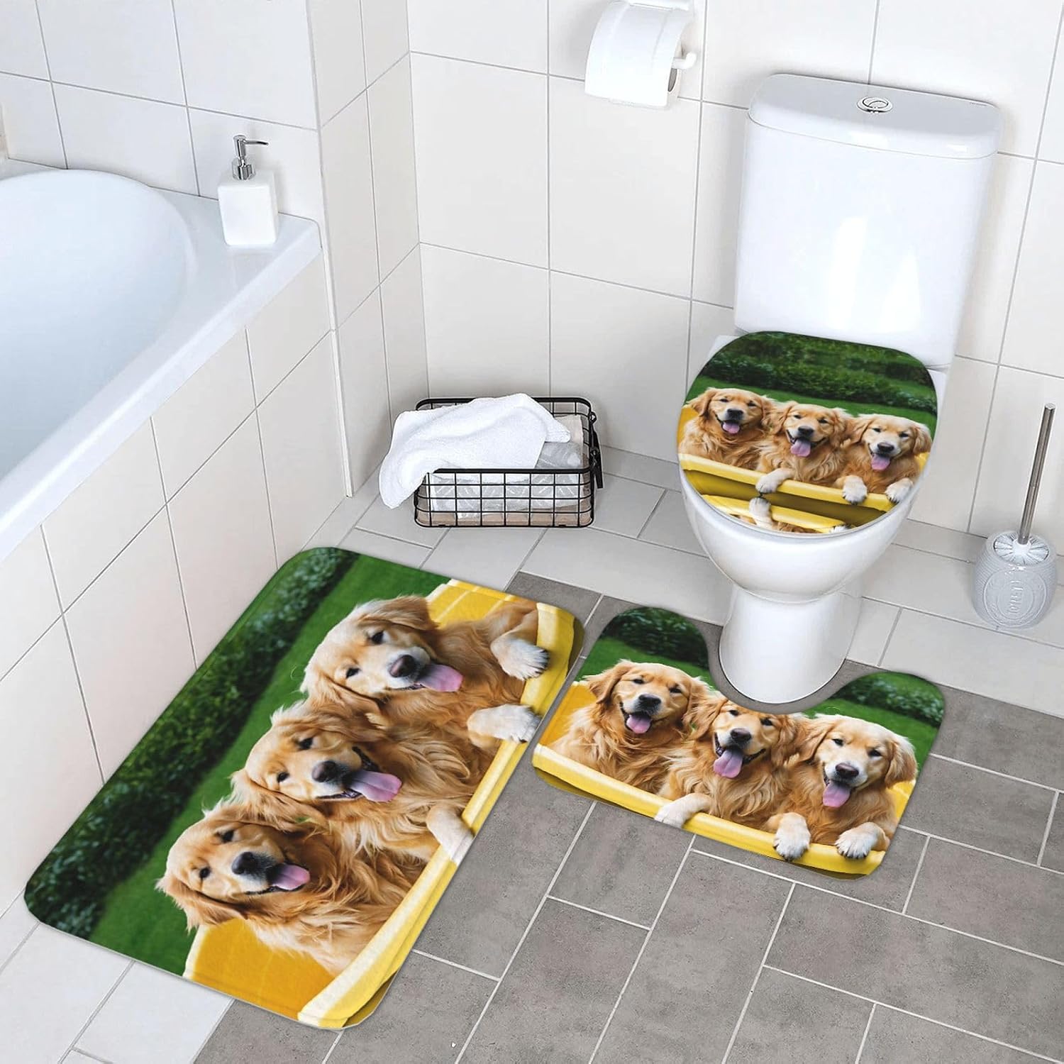 Golden Retriever Dogs Puppies Pets Print 3 Piece Bathroom Rugs Set, Soft Absorbent Flannel Mats with Non-Slip Backing for Bath Tub Floor