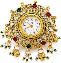 Antique Kashmiri Finger Ring Watch for Women | Gold Plated Traditional Designer Floral Ring Watch with Red Green & White Artificial Stones