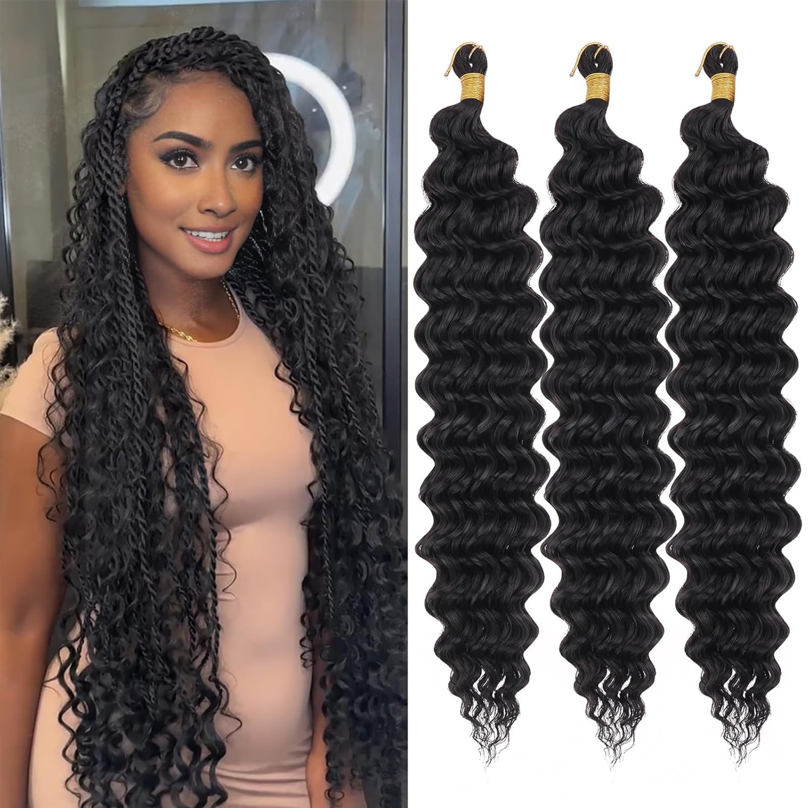 ZRQ Deep Wave Crochet Hair Natural Black 18 Inch 3 Packs Ocean Wave Curly Braiding Hair for Boho Braids Synthetic Curly Crochet Hair For Women #1B
