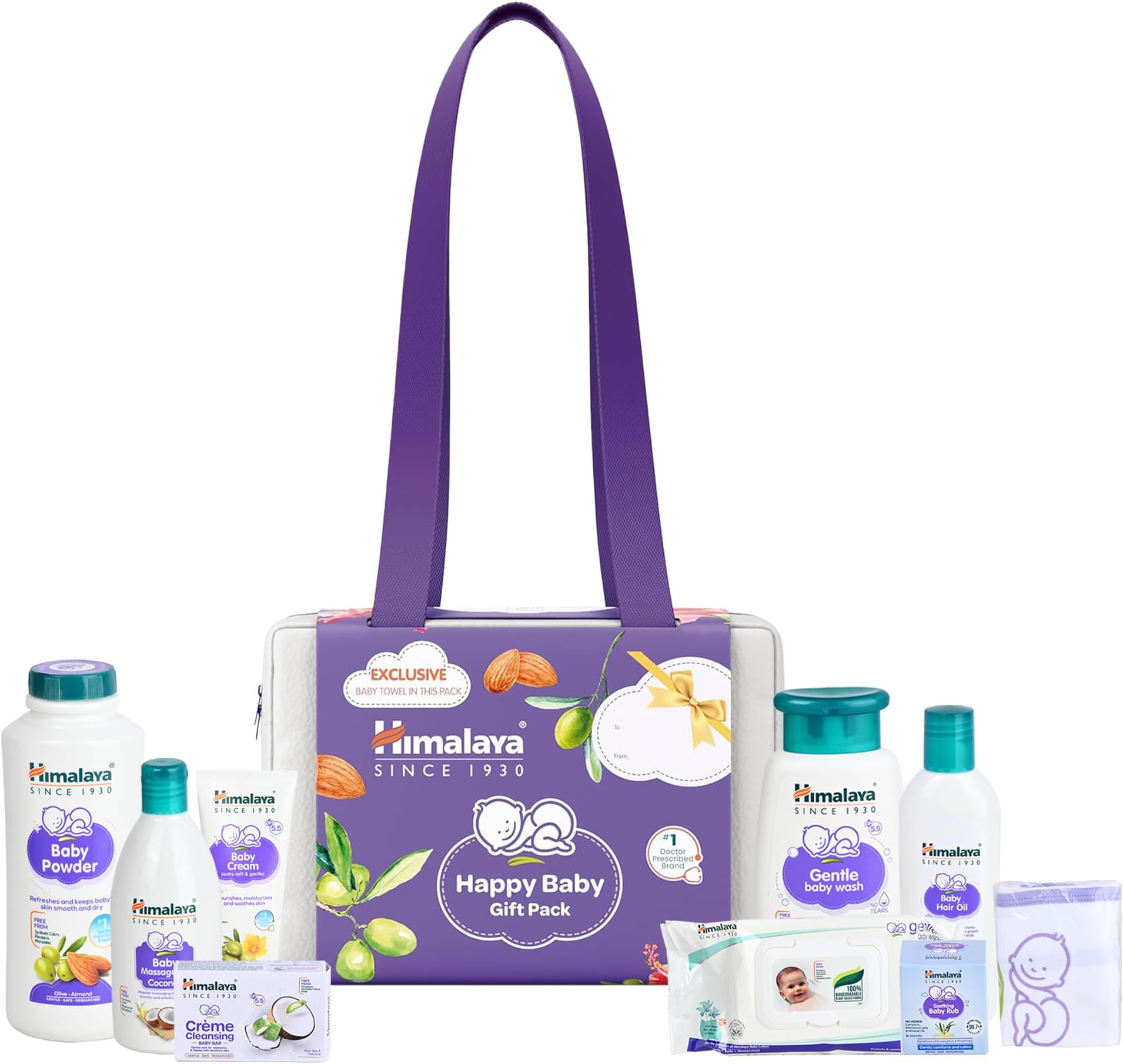 Himalaya Happy Baby Gift Bags with Towel and Blast for Powder, Soap, Lotion, Powder, Oil, Wipes, Cream, Shampoo, and More