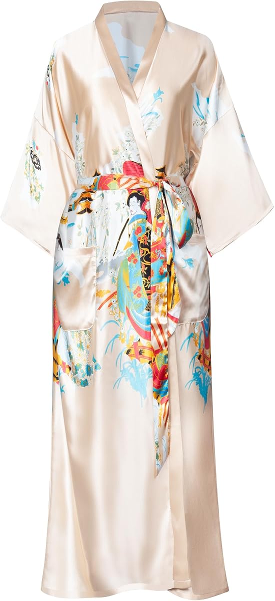 Women's Plus Size Satin Kimono Robes Long Floral Silky Loungewear Patterned Sleepwear Dressing Gown