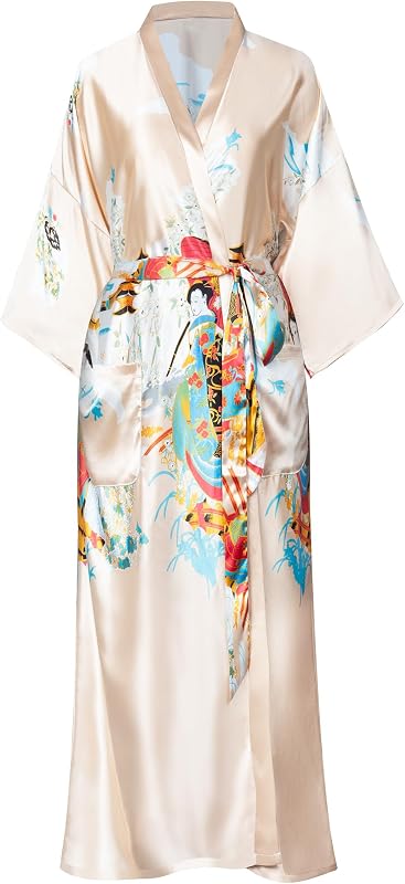 Women's Plus Size Satin Kimono Robes Long Floral Silky Loungewear Patterned Sleepwear Dressing Gown