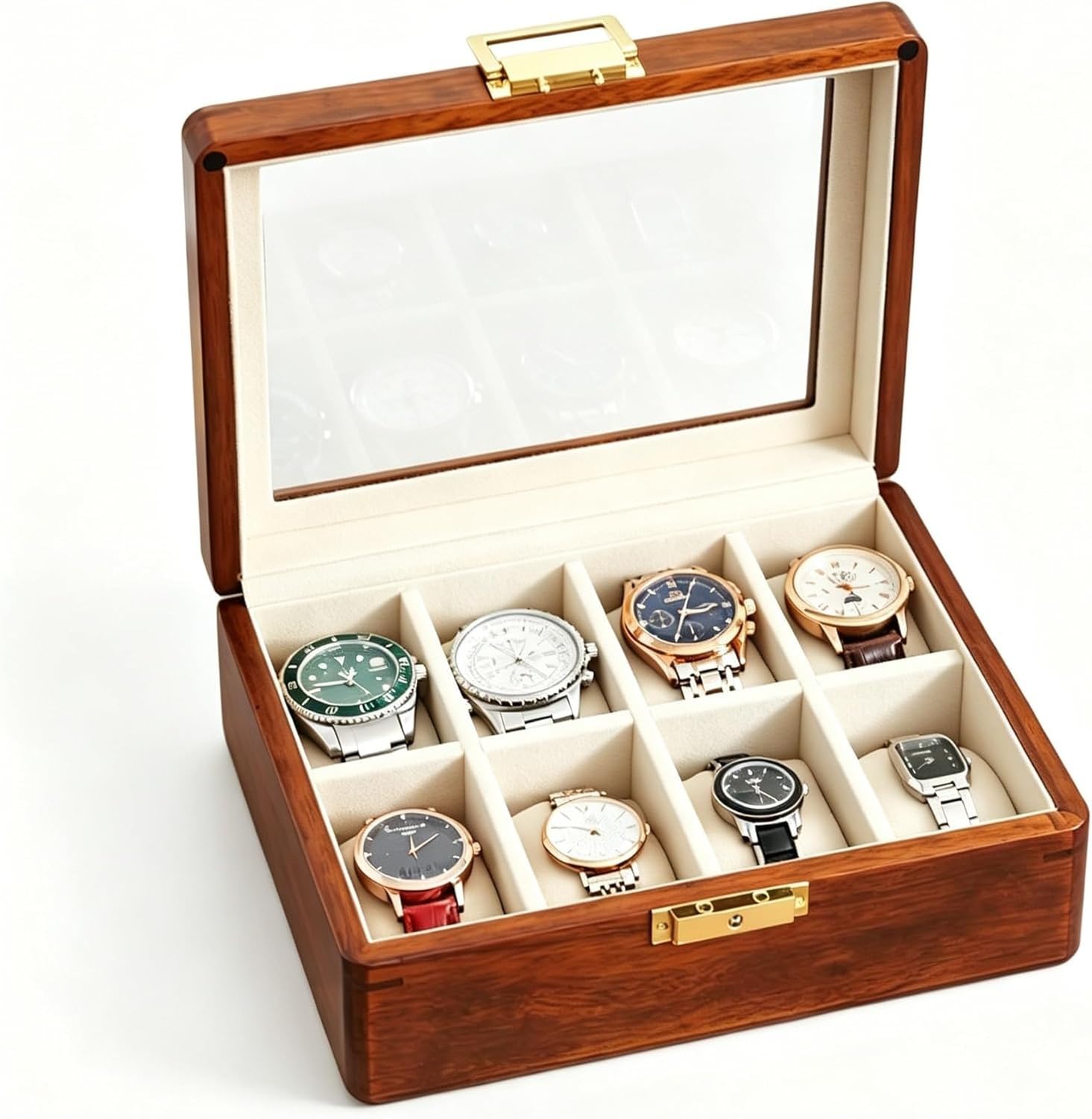 Astuccio Orologio in Legno Massello 8 Van Pietra con Coperchio in Vetro Noce Scatola Porta Orologi per Uomo Donna Custodia Da Tavolo Organizer, 8 slot-velluto bianco, Legno di teak dorato massiccio