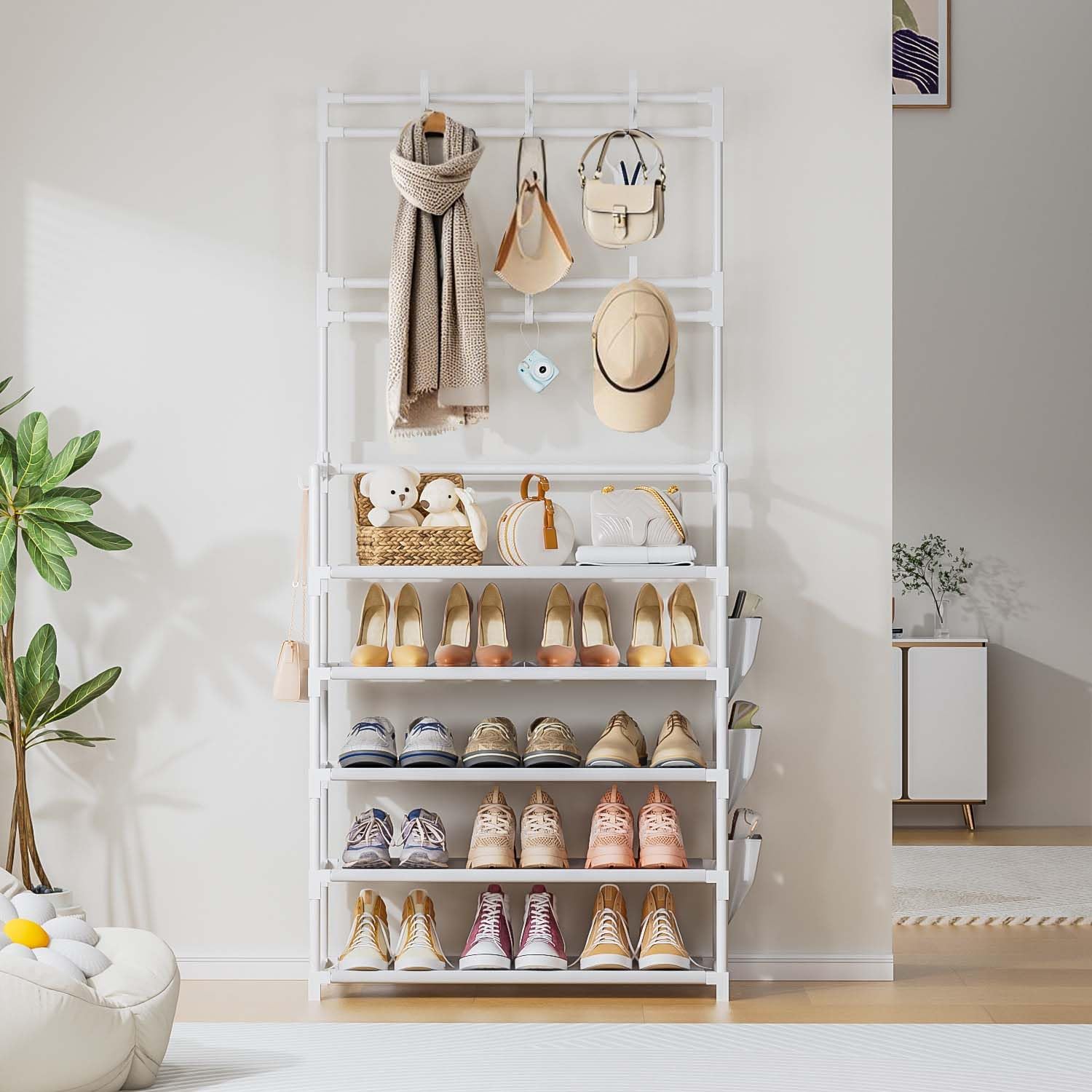 WHITE Shoe Rack 5 Tier Shoe Organizer Storage 15-20 Pairs Shoes Rack for Closet Entrance Shoe Rack Organizer with Hooks and Side Pocket Entryway Shoe Holder Space Saving Free Standing Shoe Racks