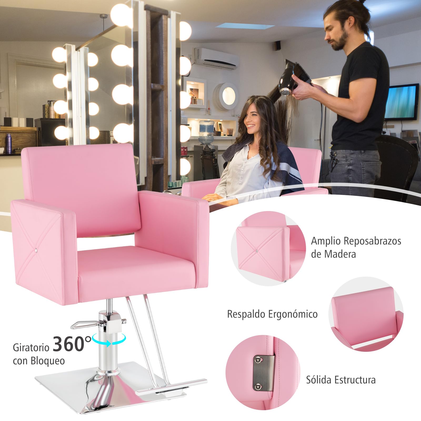 COSTWAY Silla de Peluquería con Bomba Hidráulica, Silla de Peluquería con Giro de 360°y Base Galvanizado, Altura Ajustable de 15 cm,Capacidad 150 kg, Silla de Salón Belleza para SPA, Barbería (Rosa)