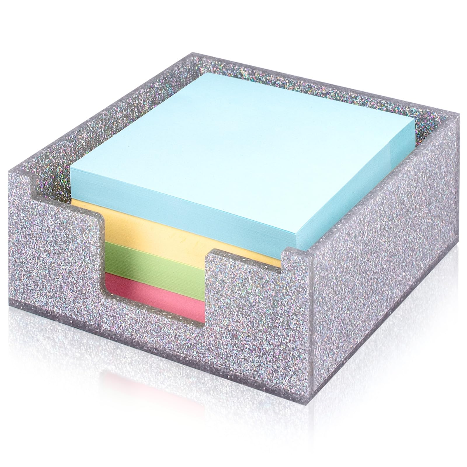 Luminzo Acrylic Sticky Note Holder 4x4in Tray for Desk, Silver Glitter