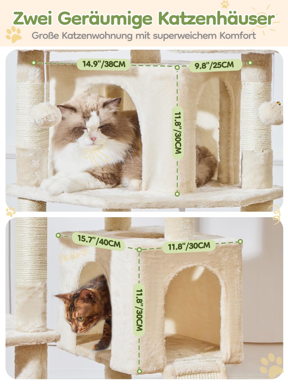 Taoqimiao 193cm Kratzbaum XXL, Großer Katzenbaum Für Große Katzen, MS047M | 3 Große Plattform, Katzenkratztafel, Mehrstöckig, Einfache Montage, 2 Katzenhaus, 7 Kratzsäulen, Hängematte, Korb, Beige
