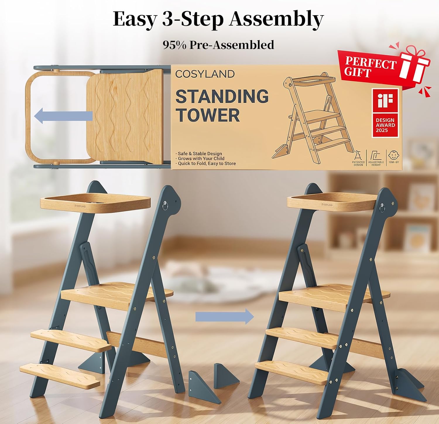 COSYLAND Foldi Foldable Toddler Kitchen Stool - Adjustable Height Toddler Standing Tower with Net & Safety Feet, IF Award-Winning Wooden Learning Step Tower for 18M-6Y, Slate Blue & Natural