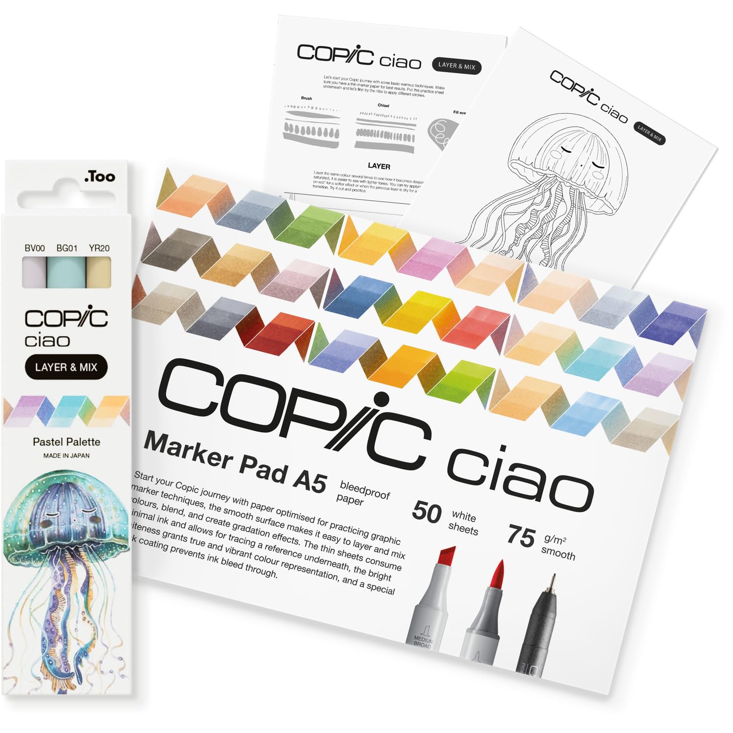 COPIC Ciao Layer & Mix Pen Set of 3, 2D Starter Set, Pastel Palette Markers, A5 Pad, Practise Sheet, Line Art &Guide, Craft, Colouring, Graphic, Highlighter, Design, Anime Manga