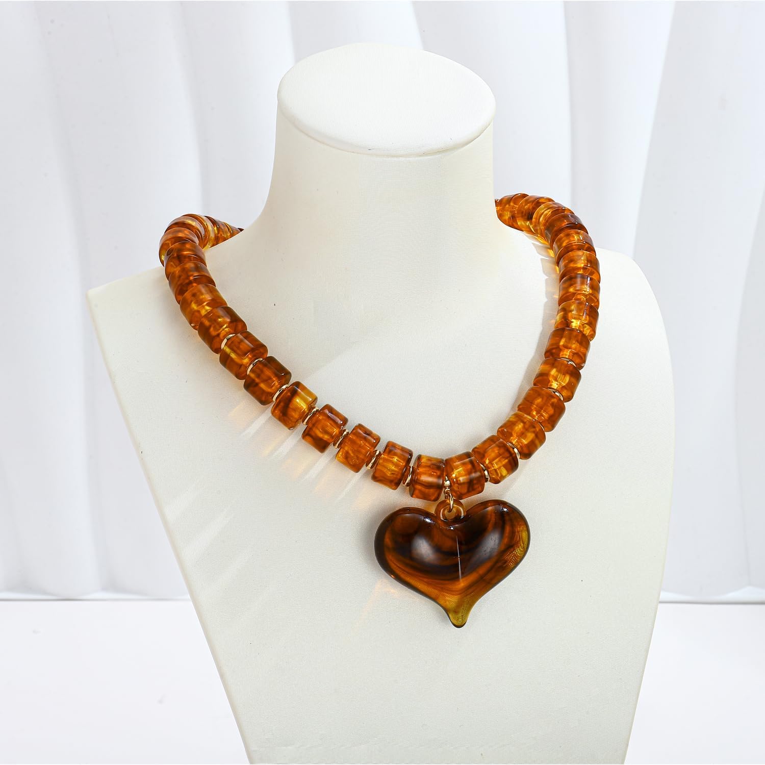 Chunky Beaded Heart Pendant Necklace for Women, Brown Resin Heart Pendant Necklace with Acrylic Beads Chain Jewelry - Image 4