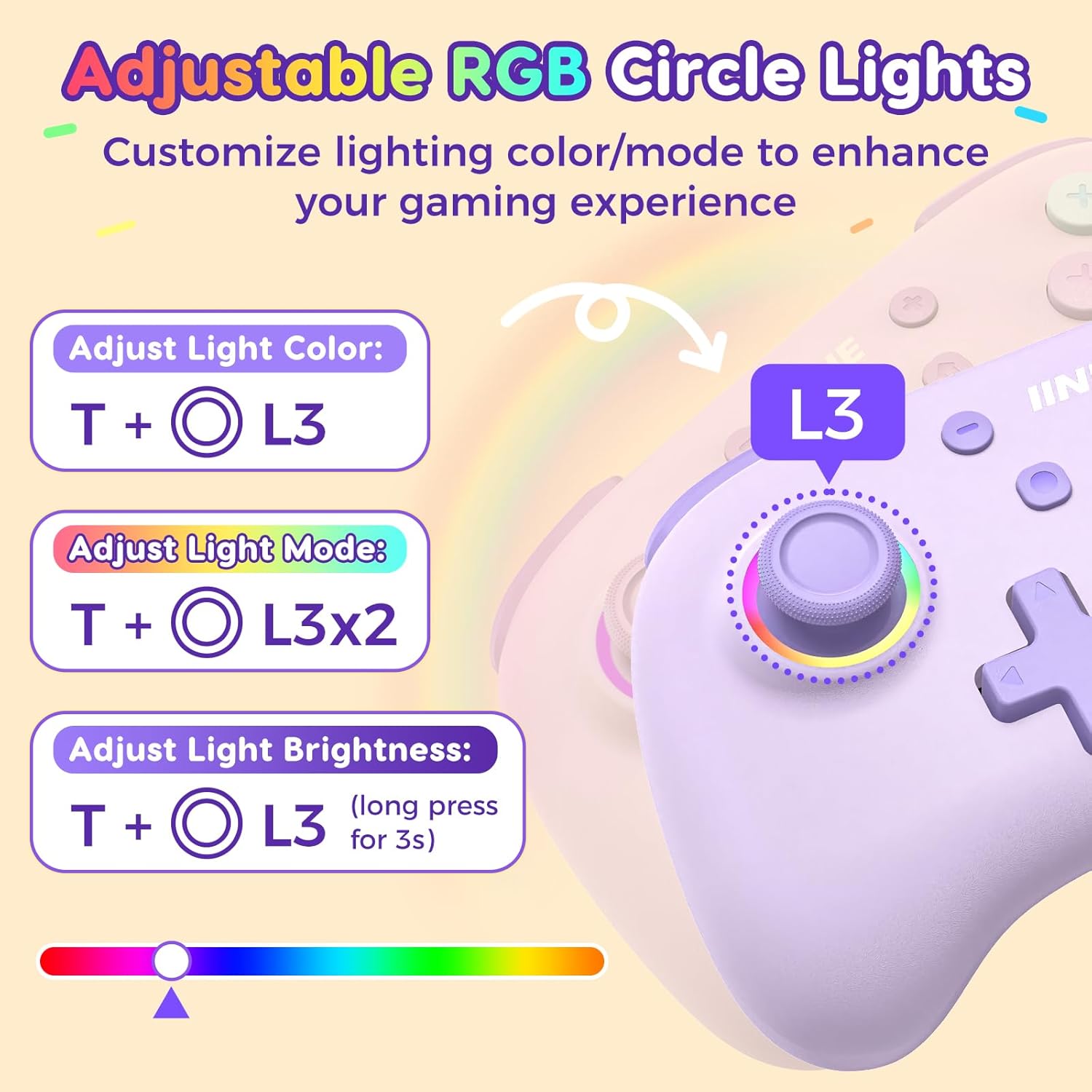IINE Wireless Controller for Switch/PC/Android/IOS, Cute Gamepad with RGB Lights, Mini Pro Controller with Turbo/Macro/NFC Amiibo/Motion Sensor/Wake-Up/Rumble (Purple)