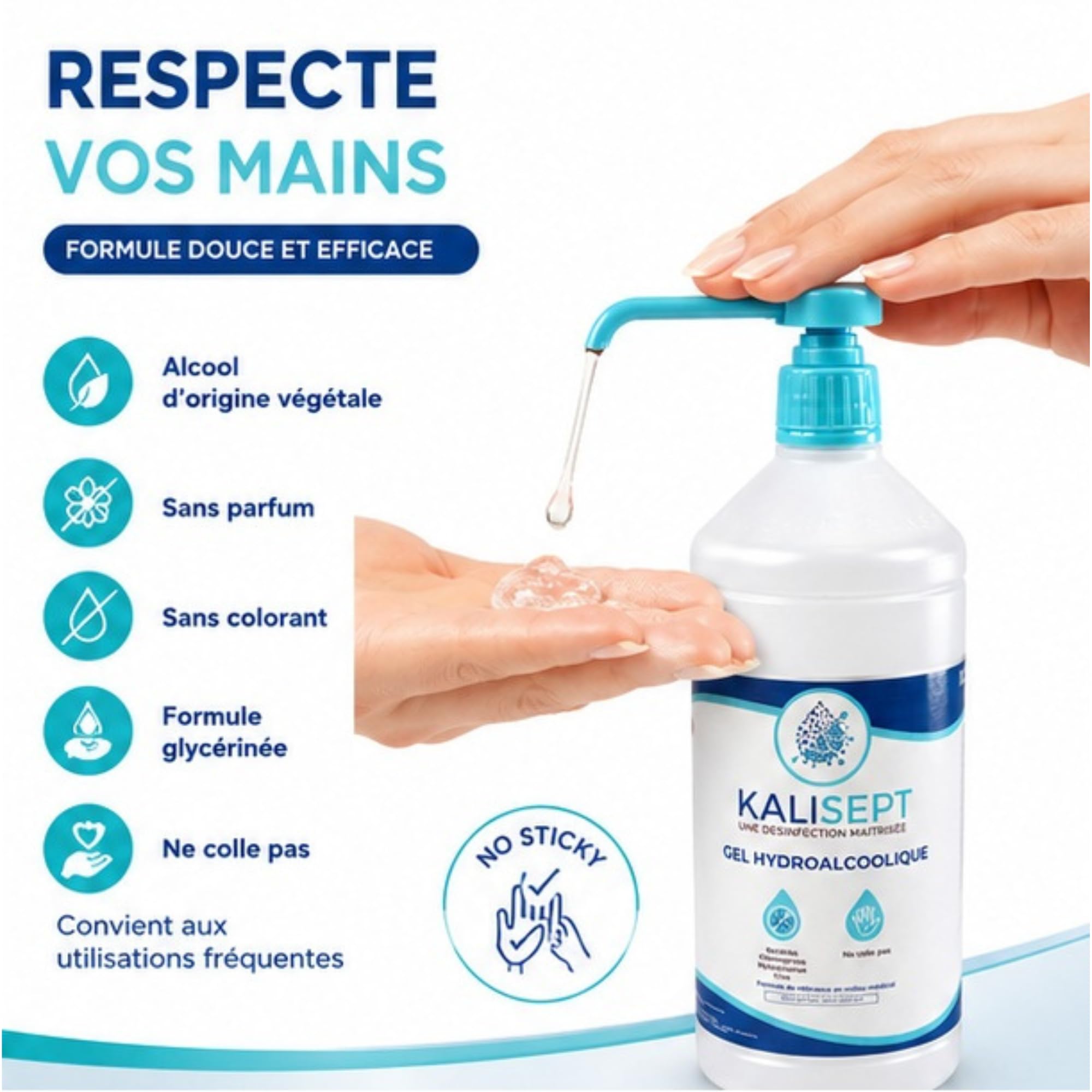 Gel Hydroalcoolique Bactéricide Fongicide Virucide - Alcool végétal - 1L Gel Désinfectant, Ne Colle Pas